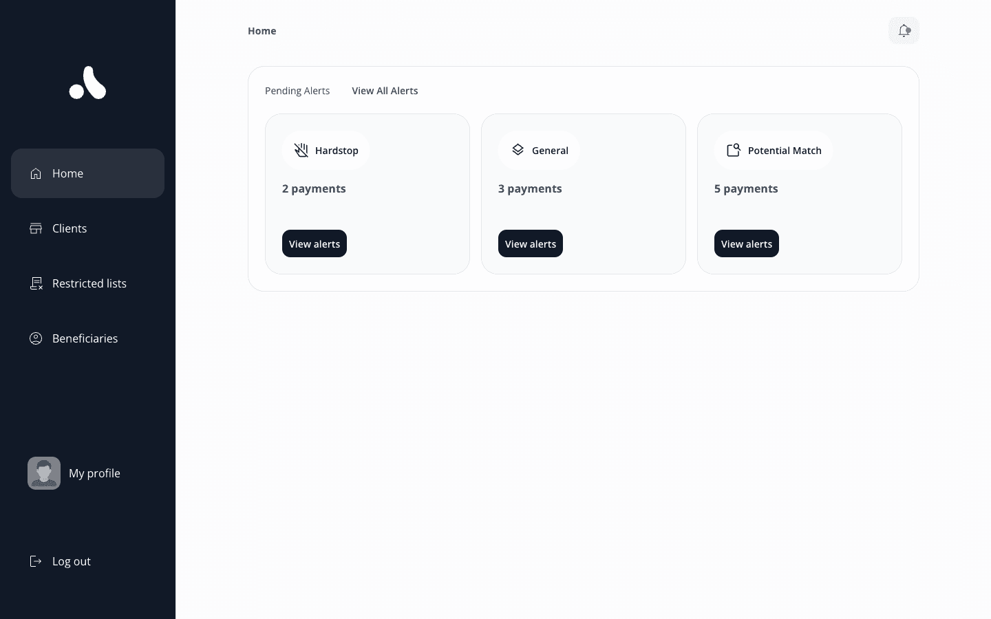 Dashboard home with hardstop, general and potential match alert cards