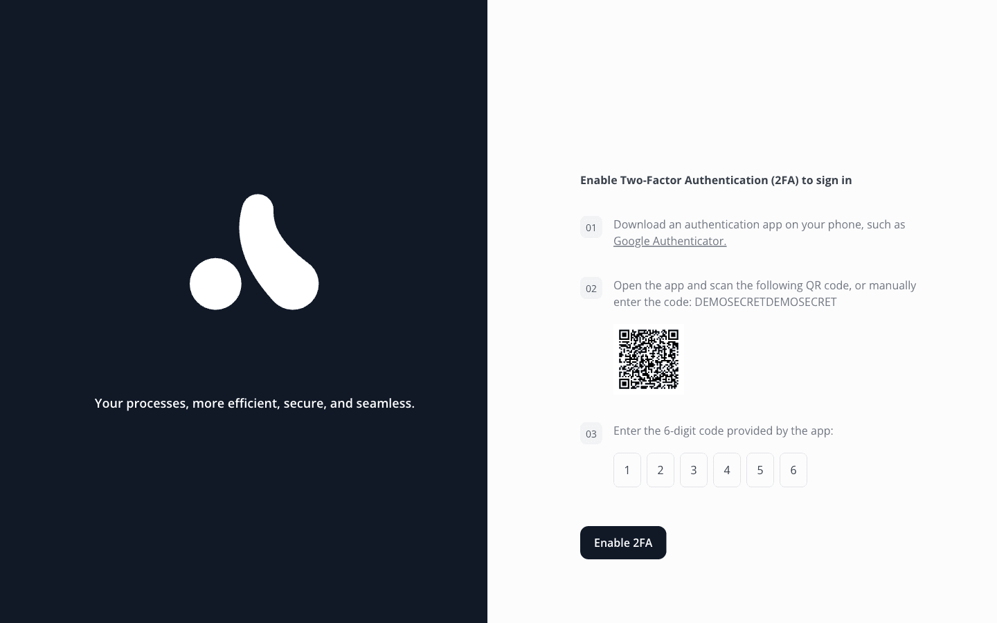 Two-factor authentication setup with QR code