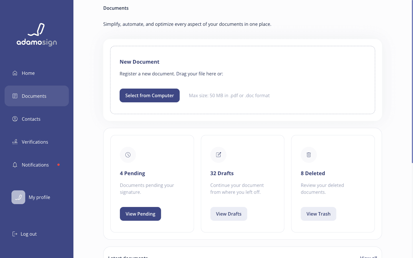 Documents hub with drag-and-drop upload, status cards and the latest documents table