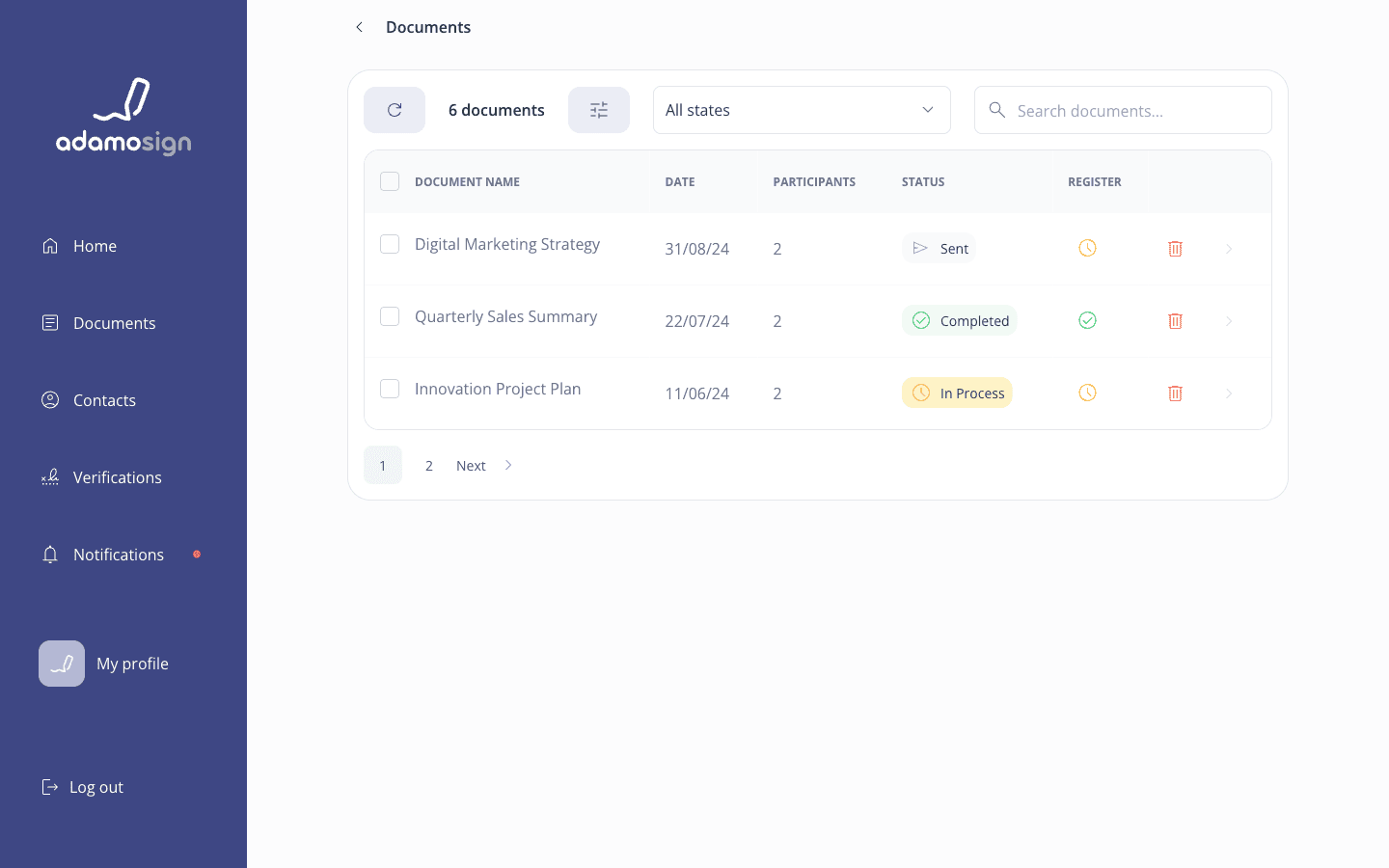All-documents table with date, participants, status and register columns