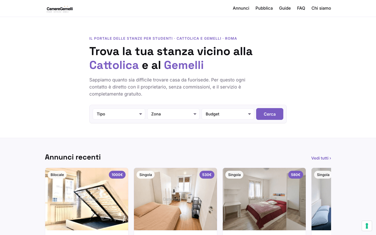 CamereGemelli.it homepage: search rooms by type, zone and budget