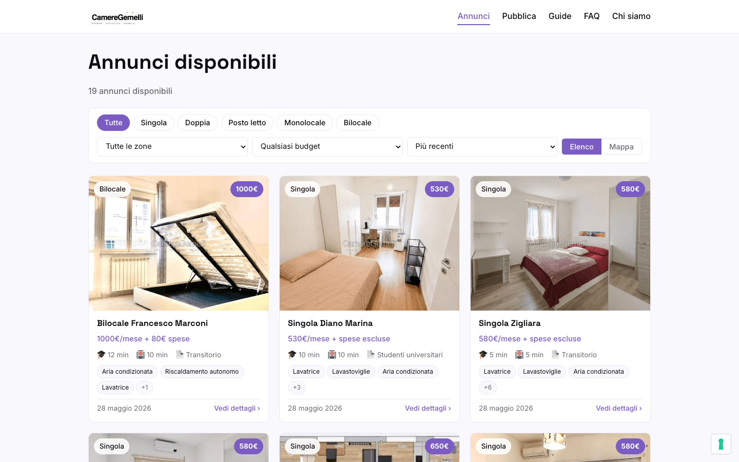Filterable listings grid with price, distance and amenities