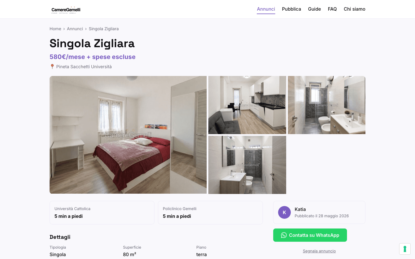 A listing with photo gallery and a direct WhatsApp contact button