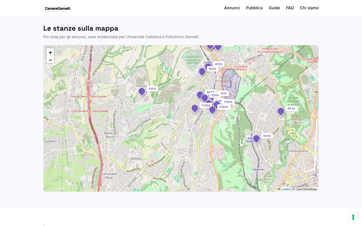 Map of listings with the Cattolica and Gemelli areas highlighted