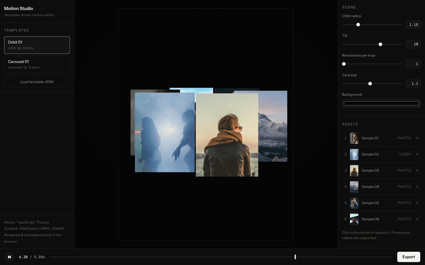 Orbit template with six photo cards circling in 3D, sliders generated from the template JSON