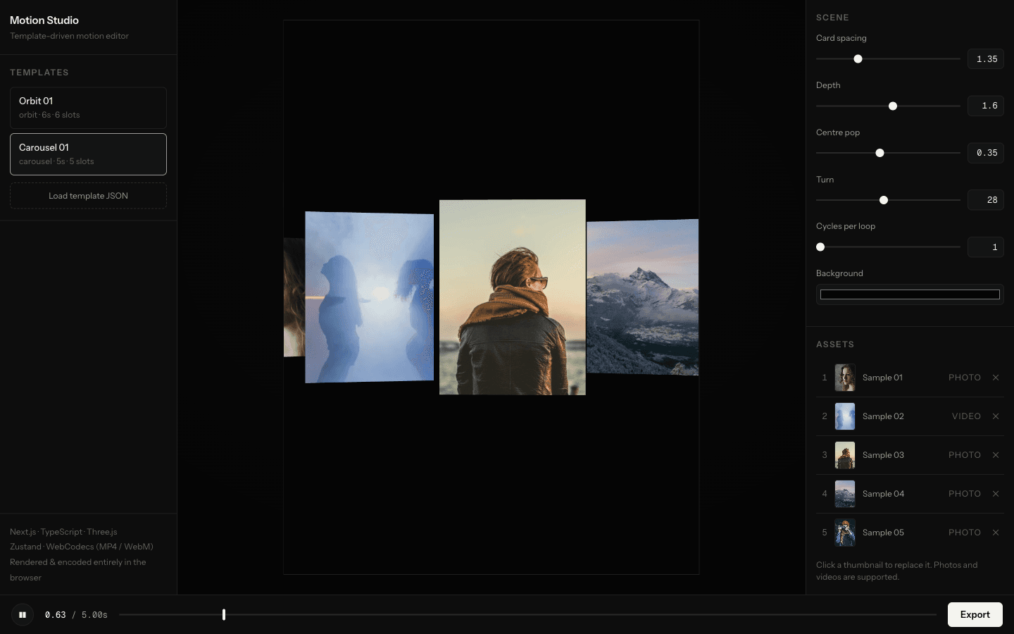 Carousel template in cover-flow layout with a video layer playing in one card