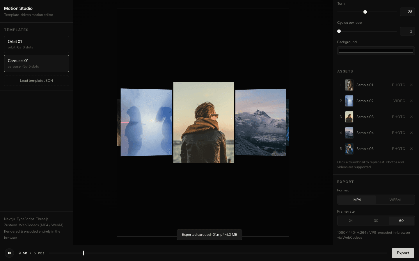 Export panel with MP4 format and 60 fps selected, toast confirming a 5 MB exported file
