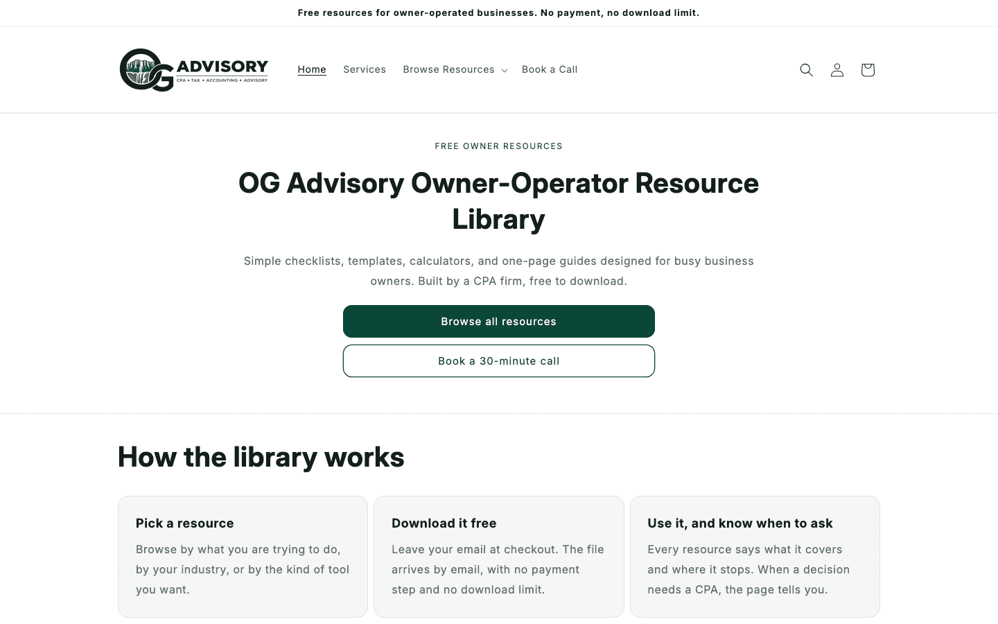 Library home page with the hero and a three-step explanation of how the library works