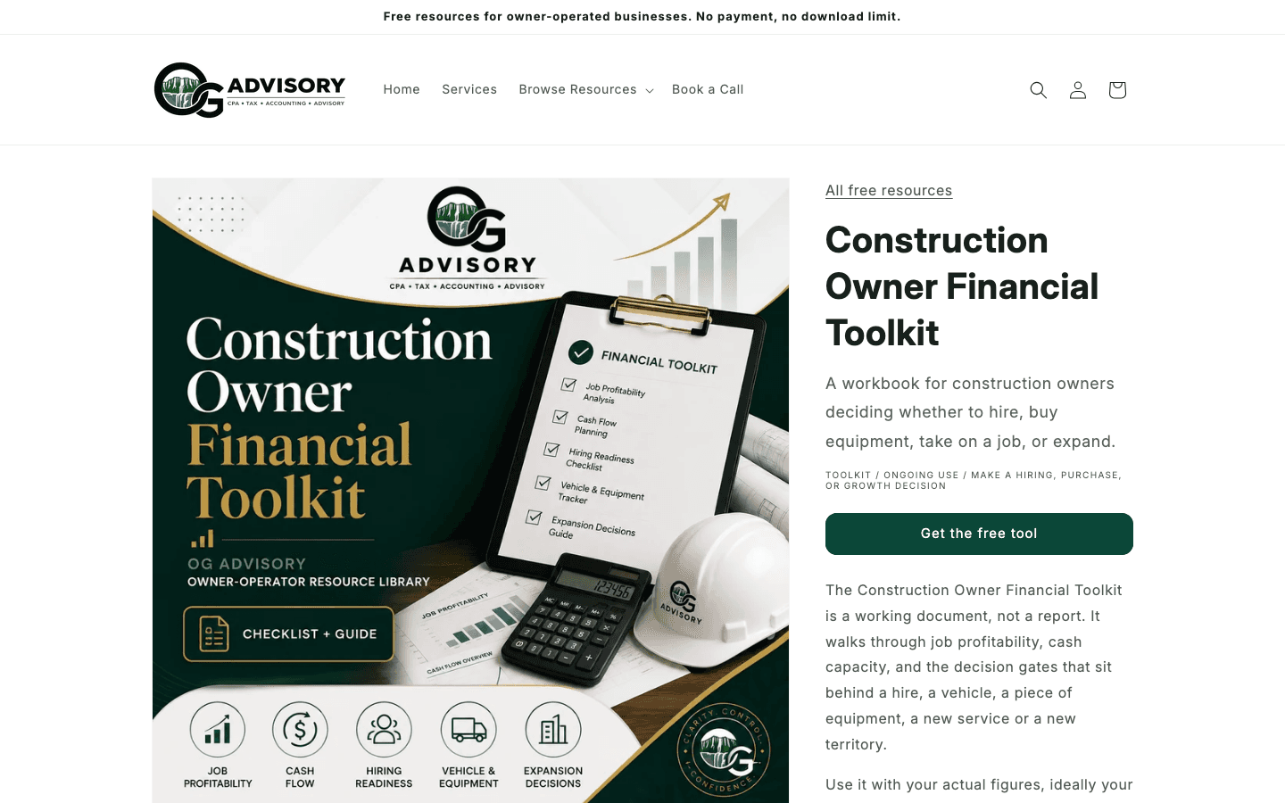 Resource page for the Construction Owner Financial Toolkit with cover, subtitle, meta line and download button
