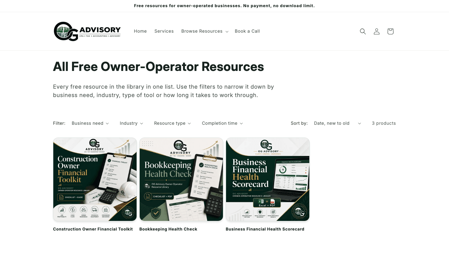 All resources page with four metafield filters above a grid of three resource cards