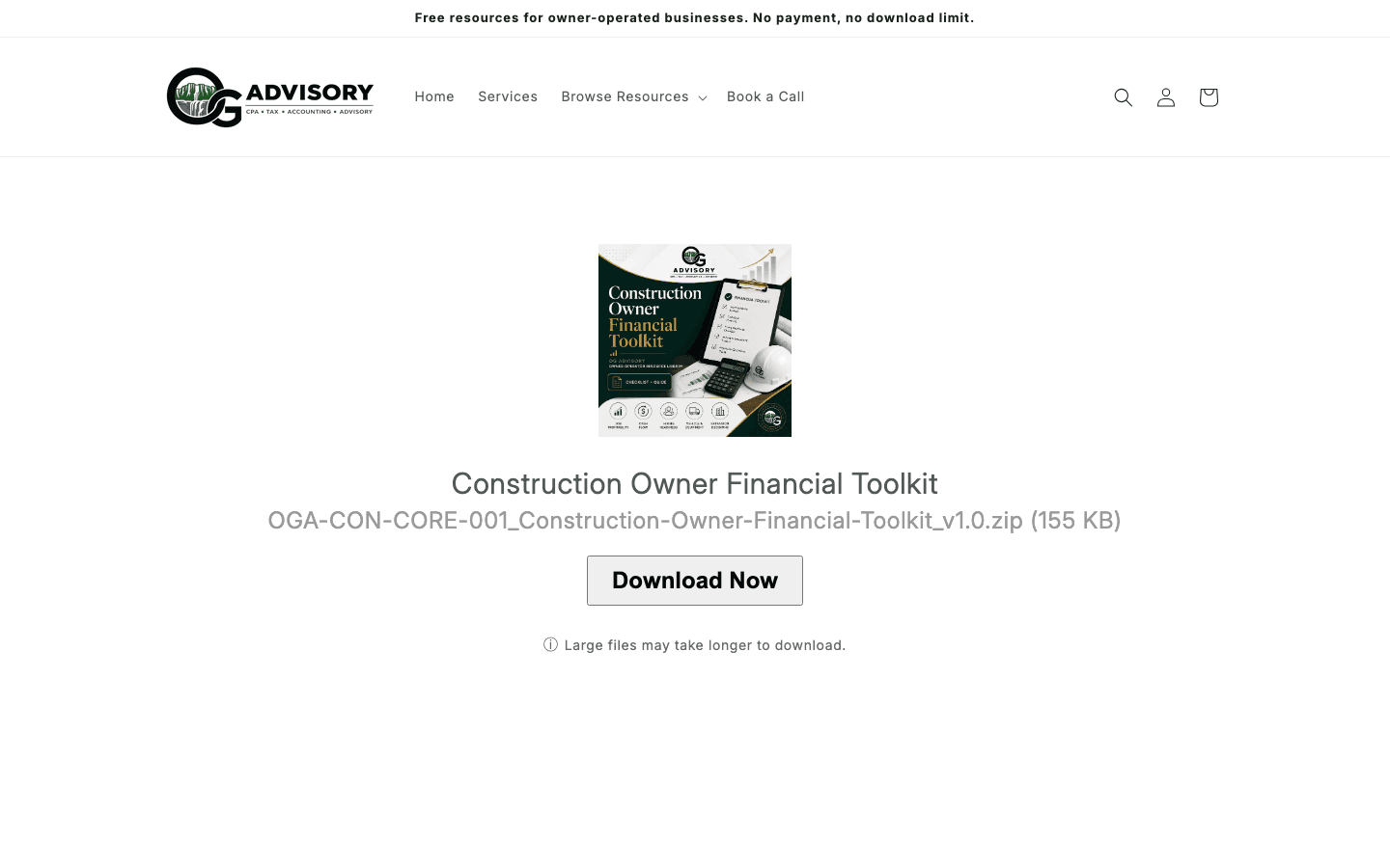 Download page showing the resource cover, the ZIP file name with its size and a Download Now button