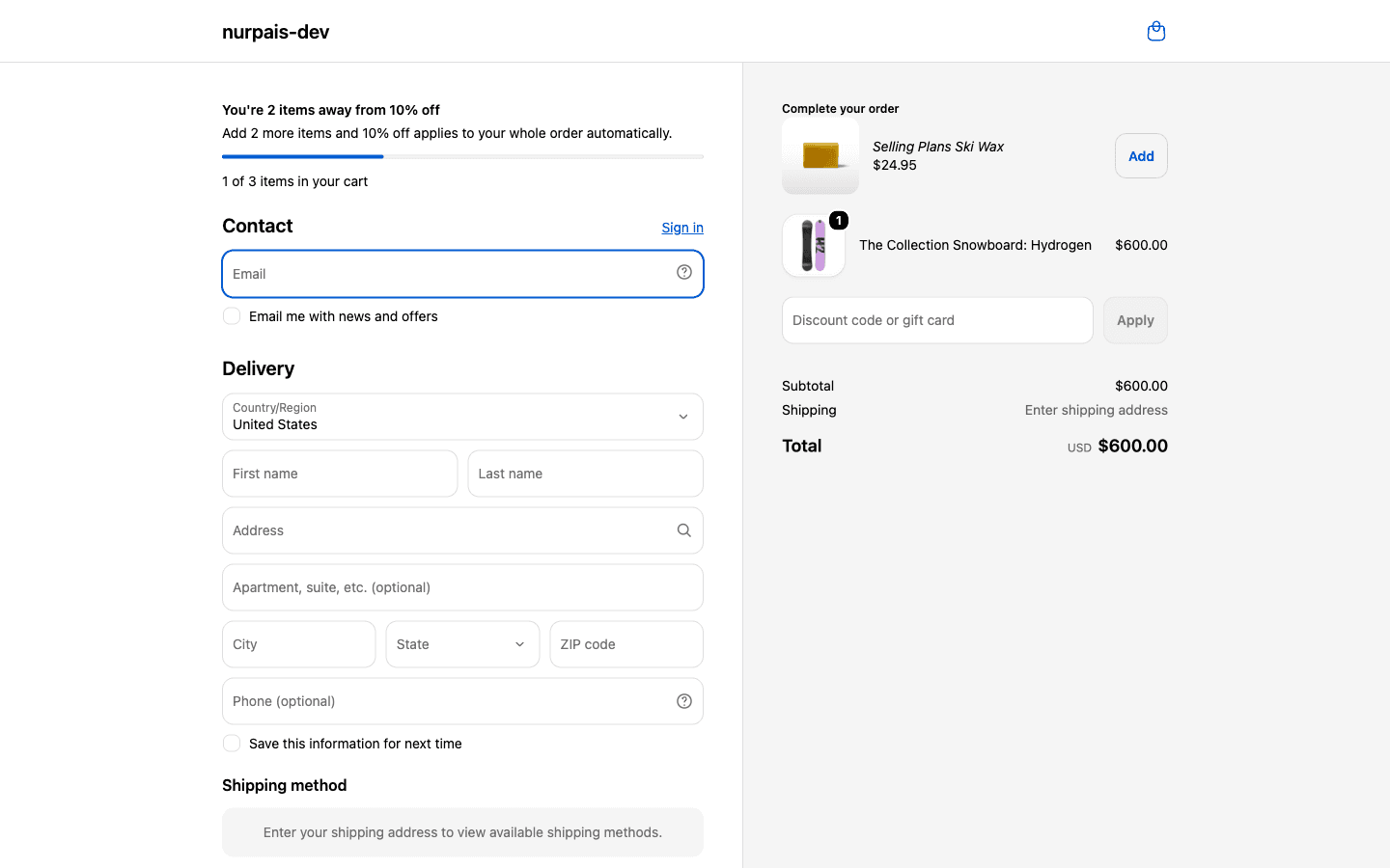 Checkout with one item and a progress bar toward the first discount tier